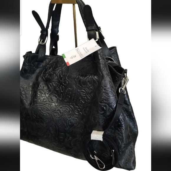 NWT 🇮🇹 Isadora Italian Black Tooled Floral Leather Large Satchel Tote Bag - Picture 2 of 13